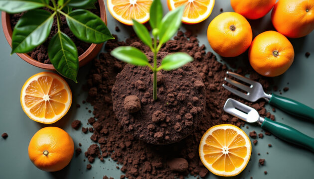 Citrus fruits with soil and gardening tools for horticultural blogs, agricultural websites, and culinary education materials