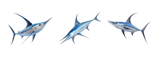 Three Colorful Swordfish Illustrations on Transparent Background