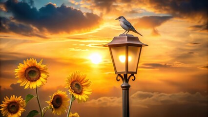 Obraz premium Serene Sunset Vista A Small Bird Perched on a Lamppost Amidst Blooming Sunflowers at Dusk