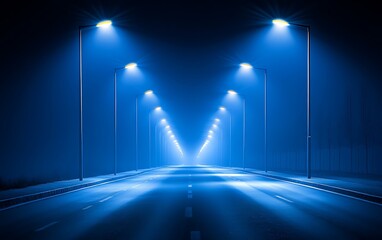 Foggy night road illuminated by street lights. Use for wallpaper or screensaver