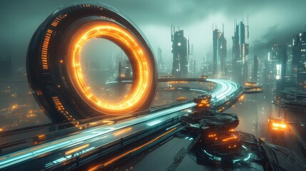 Futuristic Cityscape with Glowing Orbital Ring and Vehicles