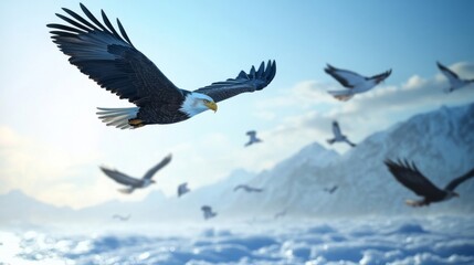 Naklejka premium Pixel Art Eagle Soaring Above Snowy Mountains