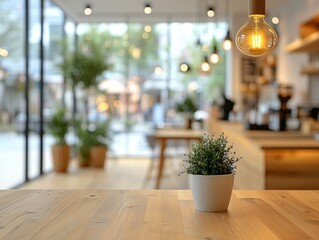 Fototapeta premium Blurred cafe interior room for background in business concept. Blur empty open space modern cafe. Workspace design.