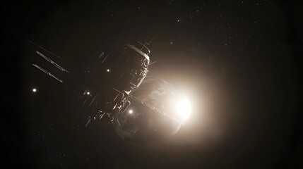 A satellite orbits a planet, backlit by a bright sun.  The spacecraft is detailed, with solar panels extended.  The scene is dark, emphasizing the vastness of space.