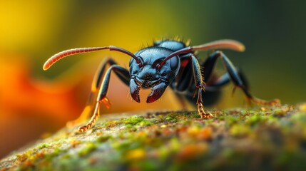 Fototapeta premium Close Up of a Black Ant on Moss with Warm Background Lighting