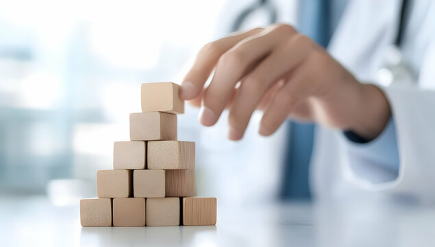 Doctor building wooden blocks pyramid, healthcare strategy planning, medical office background, conceptual image for healthcare marketing