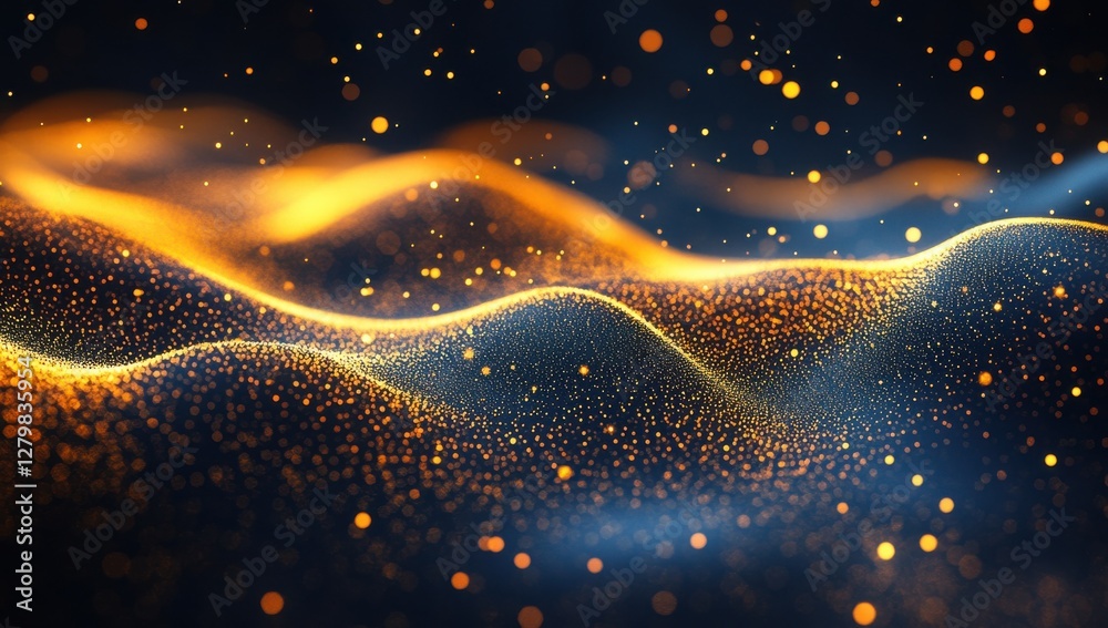 Poster Abstract wave of golden particles illuminating a dark background, creating a sense of movement and magic with stunning depth and texture in the imagery