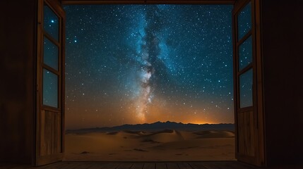 A breathtaking night sky filled with stars and a faint Milky Way, seen over a serene desert through an office window, dim interior lighting creating a warm glow,