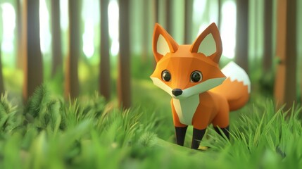 Obraz premium Cute Orange Fox in Low Poly Forest Illustration