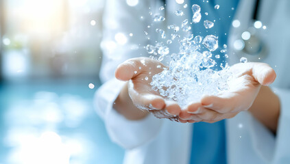 Doctor's hands cupping splashing water, clean hygiene, healthcare clinic background; medical, health, purity concept