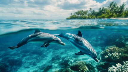 Fototapeta premium Two Dolphins Swimming in a Vibrant Tropical Ocean