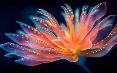Beautiful and Vibrant Abstract Flower with Colorful Petals and Sparkling Dots on a Dark Background, Perfect for Artistic and Nature-Inspired Themes