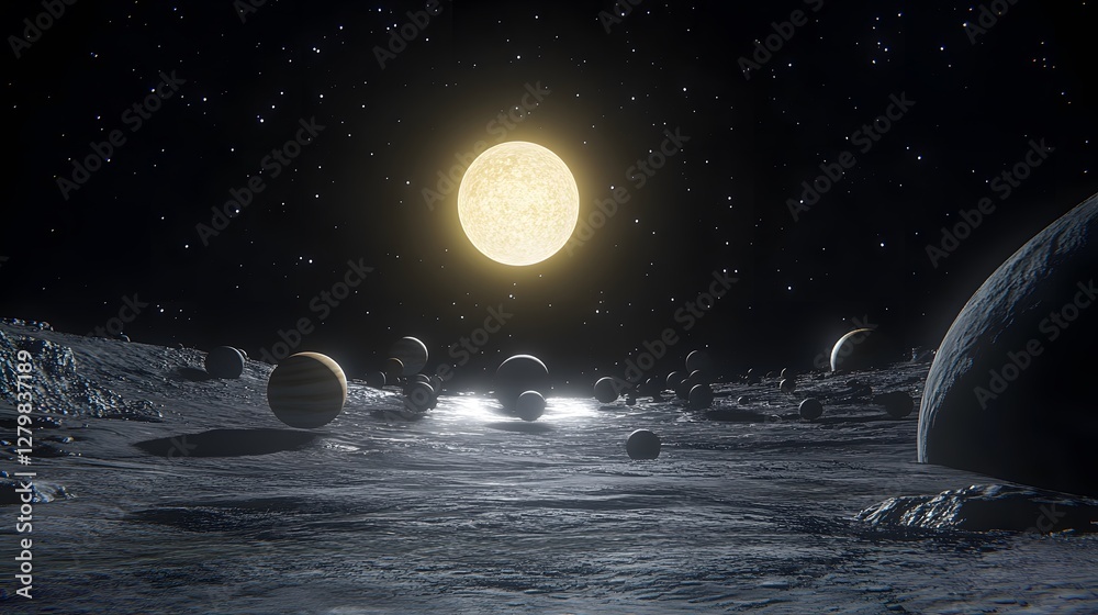 Poster a stunning view of a planetary system from a moon's surface.