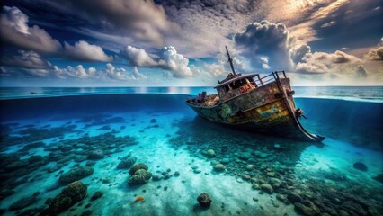 Obraz premium Sunken Vessel on Ocean Floor A Dramatic Underwater Scene with a Rusted Ship Resting on a Sandy Bottom Amongst Coral Reefs and Rocks Under a Dramatic Cloudy Sky