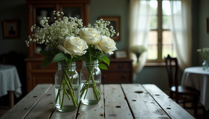 Mason jar vases with white flowers for minimalist weddings, modern rustic decor, and elegant table settings. Perfect for sophisticated events and clean, fresh interior design.