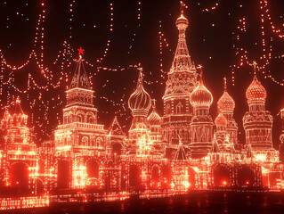Kremlin futuristic holographic wireframe digital cyber sci-fi neon red silver artificial intelligence virtual reality Moscow Russia historical monument architecture visualization mesh dot data dreamy