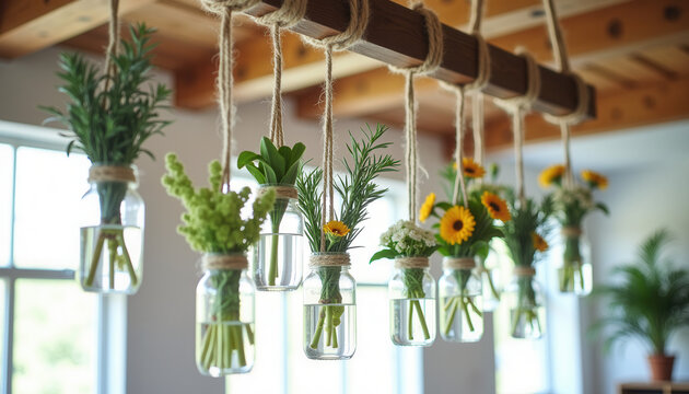 Multiple Mason jar vases with wildflowers for rustic wedding decor, farmhouse-style events, and country-chic interiors. Ideal for large-scale floral displays and party centerpieces.