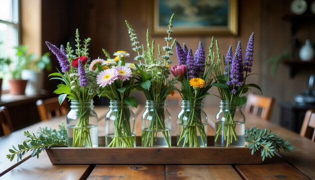 Sunflower Mason jar vases on rustic shelf for farmhouse decor, country kitchens, and vintage-inspired interiors. Ideal for blogs, home staging, and seasonal decorating.