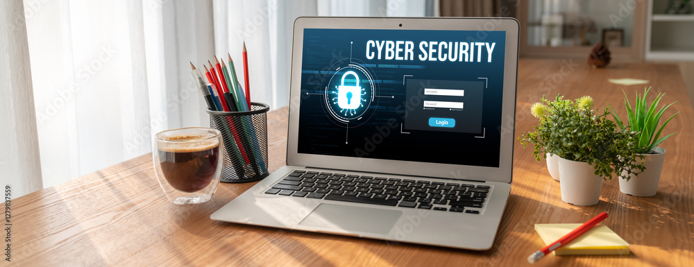 Poster cyber security system on computer screen protect private information snugly from hacker and cyber at