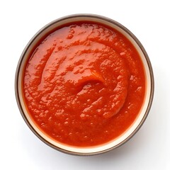 Classic Italian tomato sauce in a bowl, smooth and rich texture, perfect for marinara, arrabbiata, or pizza recipes isolated on white - close-up food shot