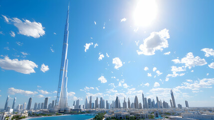 Dubai cityscape  Iconic skyscraper dominates sunny skyline, modern architecture against clear blue sky. Ideal for travel brochures, city guides, or real estate marketing