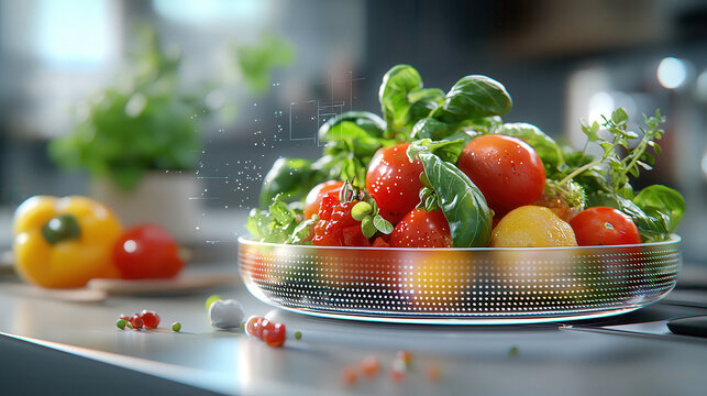 vibrant salad with fresh tomatoes, basil, and greens is displayed in modern kitchen, enhanced by holographic interface projecting real time nutrition data - Powered by Adobe