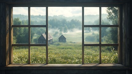 Naklejka premium A dreamy countryside with small cottages nestled amidst rolling meadows, seen through the panes of a rustic wooden office window, dappled sunlight, soft haze on the horizon, intricate details,