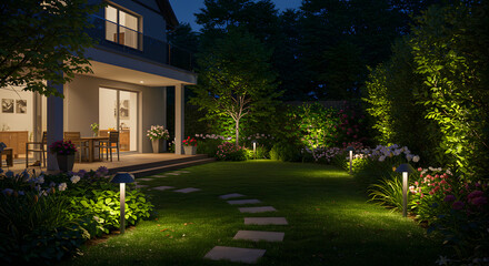 The Glow of Nature: A Stunning Backyard Garden Under Soft Lights
