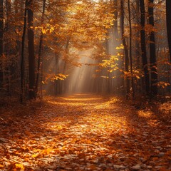 Sunbeams illuminate a path through a misty autumn forest, golden leaves carpeting the ground.