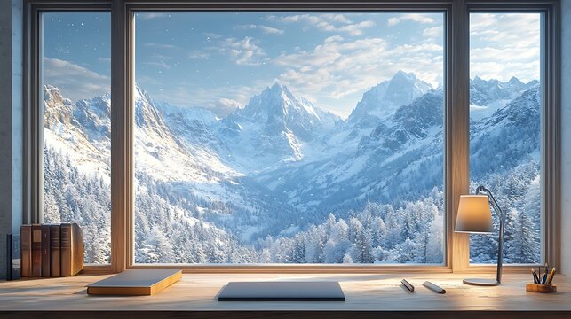 A frosty office window framing majestic snow-capped mountains under a clear winter sky, intricate frost patterns reflecting soft light, warm and inviting interior with a wooden desk and lamp,