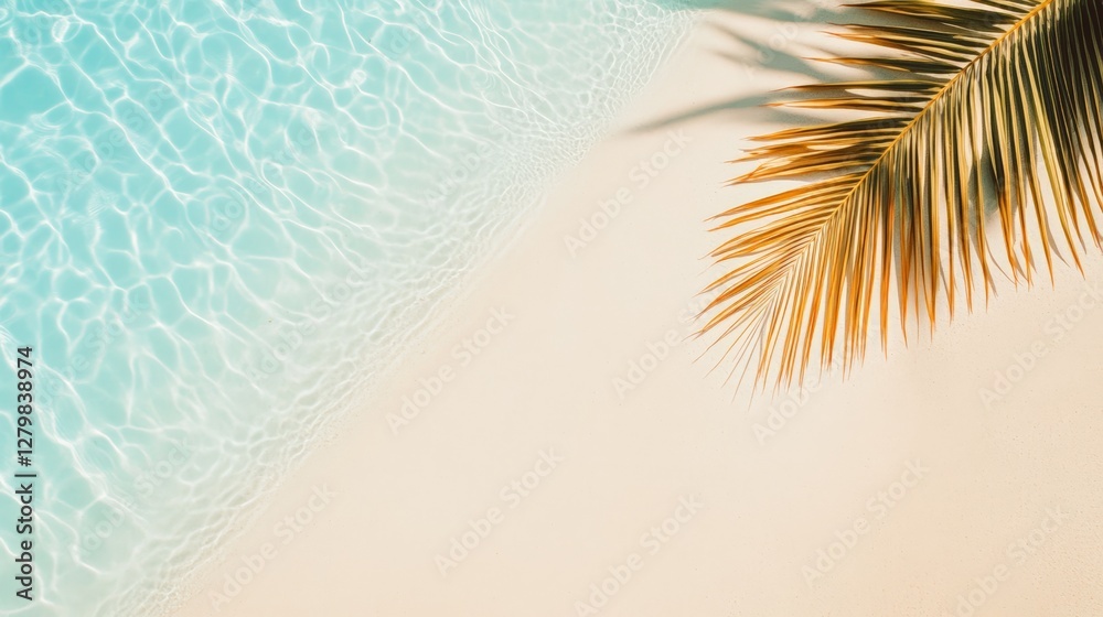 Aufkleber golden palm leaf casting a shadow on a white sand tropical beach with turquoise water gently lapping