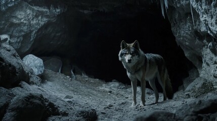 Grey Wolf Standing in Dark Cave Entrance