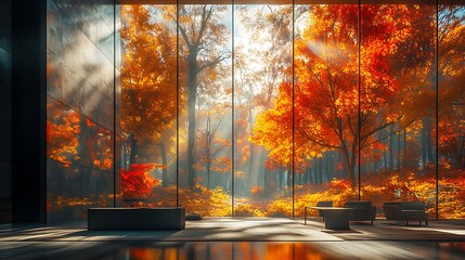 A glowing autumn forest with golden rays breaking through colorful leaves, seen through the angular glass walls of a contemporary office, reflections of autumn hues inside,