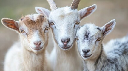 Three Adorable Baby Goats Close Up Portrait