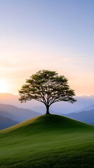 Fototapeta premium Solitary tree on hilltop at sunset, peaceful landscape, nature serenity, phone wallpaper