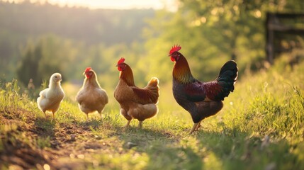 Fototapeta premium Rooster Hens and Chick in a Farm Setting at Golden Hour