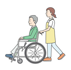 車椅子の高齢男性と介助ををする若い女性の横向きイラスト