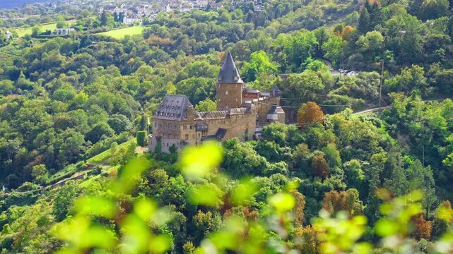 Stahleck Castle, a 12th-century castle in the Upper Middle Rhine Valley with parallax movement on a sunny day, Bacharach, Germany
