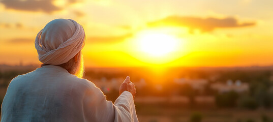 Elderly man in turban watches sunset over distant village, peaceful evening scene, spiritual reflection, religious imagery