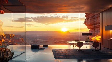 A modern glass-walled office interior framing a vivid desert canyon sunset, deep shadows and glowing highlights on the rocky landscape, soft golden light streaming into the room,
