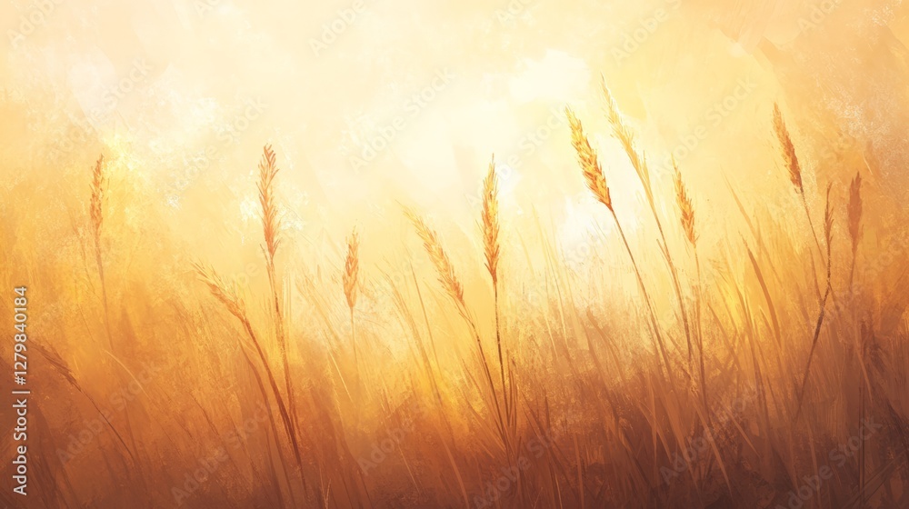 Poster golden ears of wheat gently sway in the warm sunlight, creating a serene and picturesque scene of a 