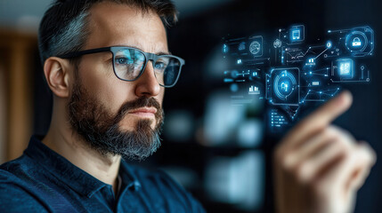 man interacts with holographic interface, showcasing futuristic technology and data visualization. scene highlights integration of AI driven systems modern life, emphasizing innovation and