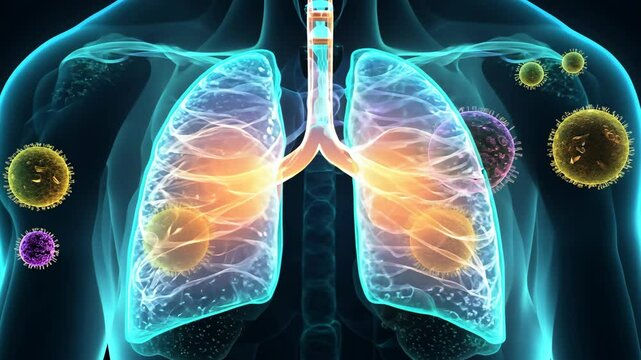 x-ray of human lungs and floating pathogen respiratory influenza virus cells