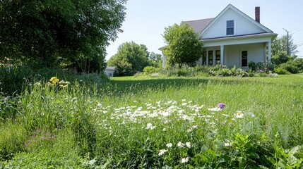 White farmhouse surrounded by wildflowers and lawn. Peaceful rural scene. Potential use Stock photo for home, nature, or landscape design