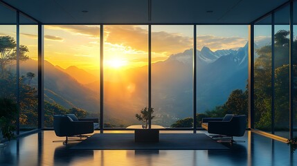A panoramic sunrise over a majestic mountain range, seen through floor-to-ceiling glass windows of a modern office, golden light illuminating the landscape,