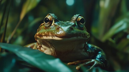 Fototapeta premium Closeup of a Green Frog Amid Lush Tropical Foliage