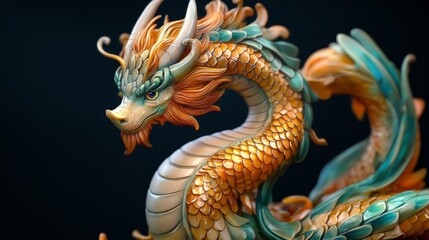 Obraz premium Golden and Teal Detailed Dragon Figurine Against Dark Background