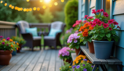 Sunset deck garden with mixed flowering plants in blue containers for outdoor living inspiration and patio decoration ideas