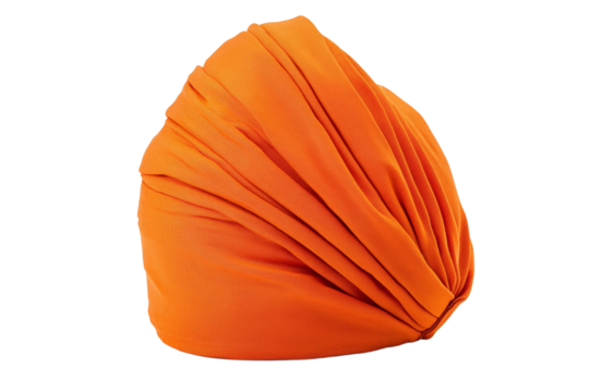 Large orange scarf is folded into a turban, isolated