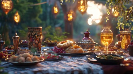 Outdoor dining table laden with various foods and drinks, adorned with ornate tableware, under warm sunset light.